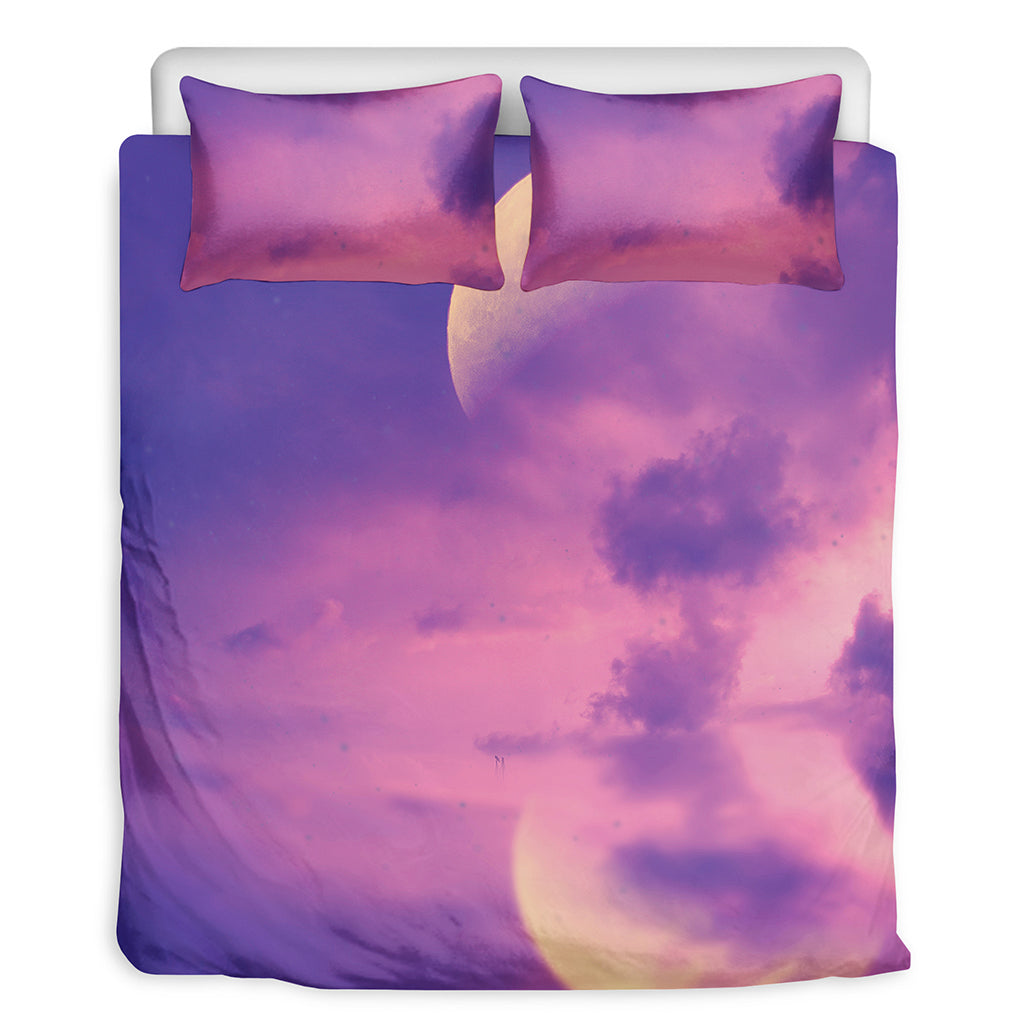Purple Sky And Full Moon Print Duvet Cover Bedding Set