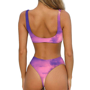 Purple Sky And Full Moon Print Front Bow Tie Bikini