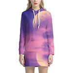 Purple Sky And Full Moon Print Hoodie Dress