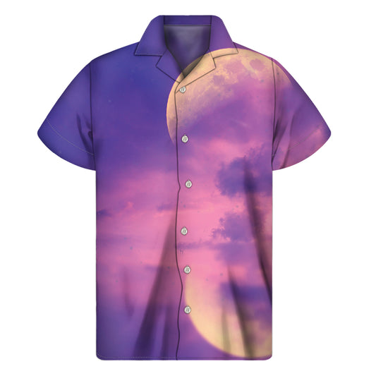 Purple Sky And Full Moon Print Men's Short Sleeve Shirt