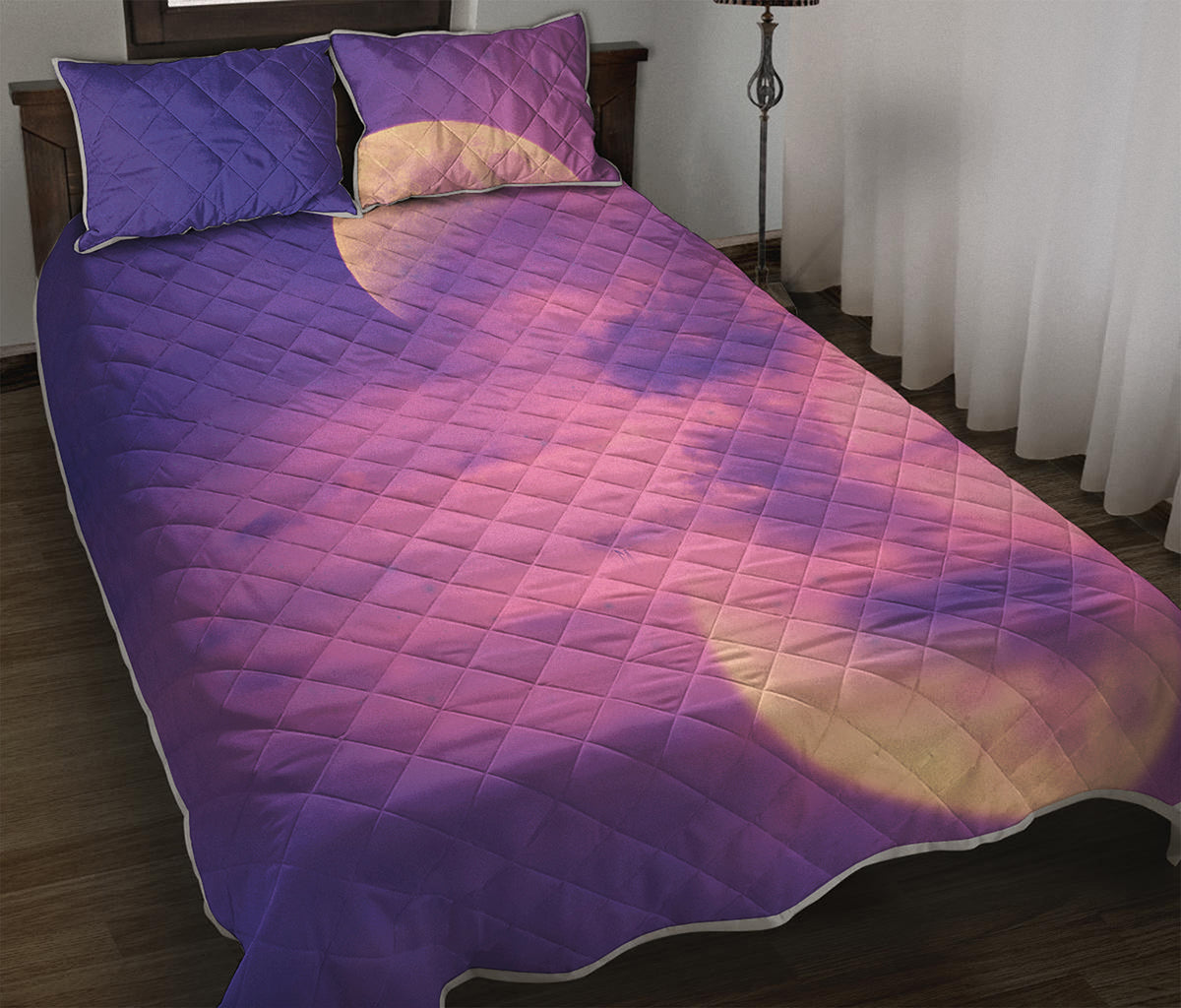 Purple Sky And Full Moon Print Quilt Bed Set