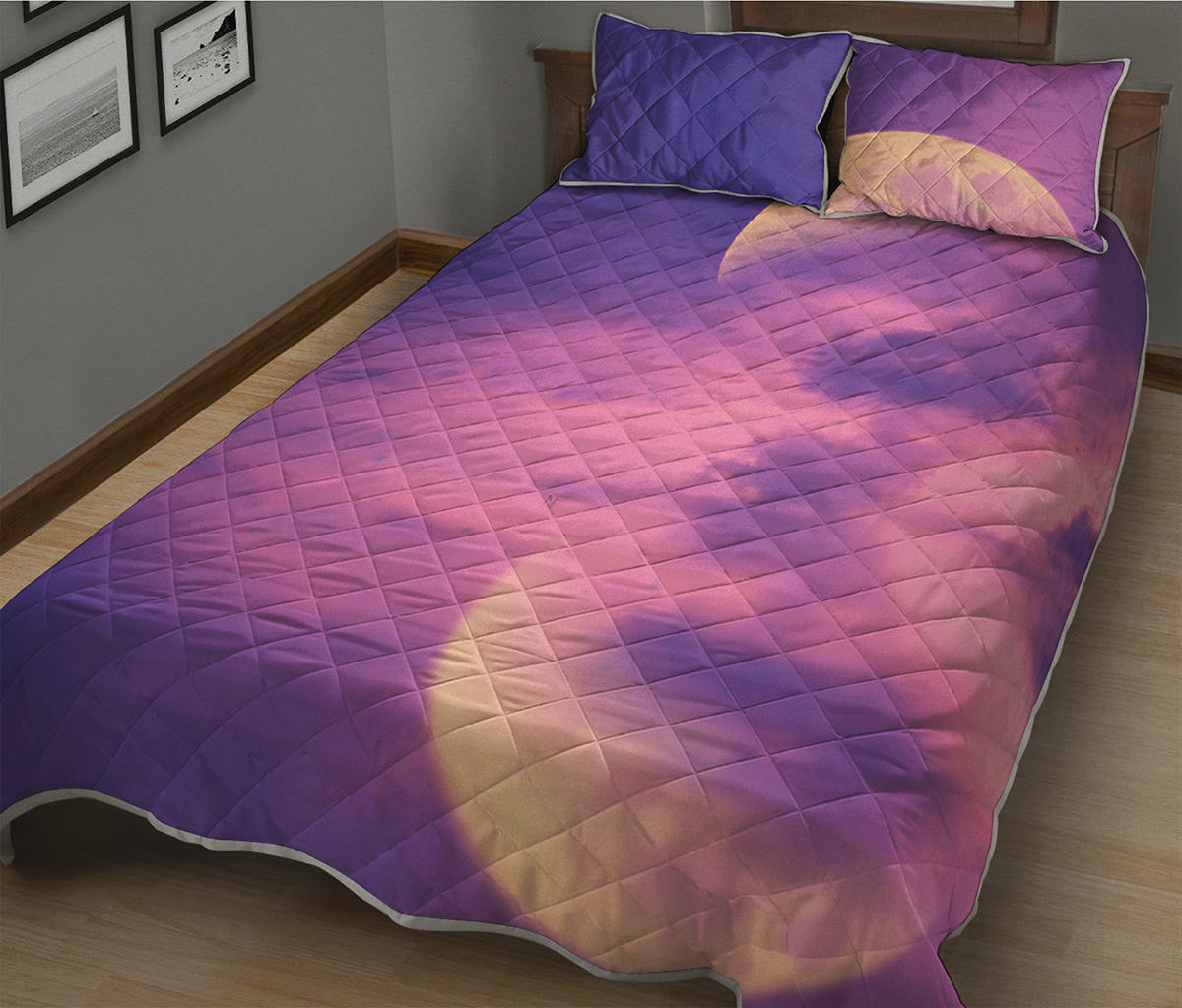 Purple Sky And Full Moon Print Quilt Bed Set