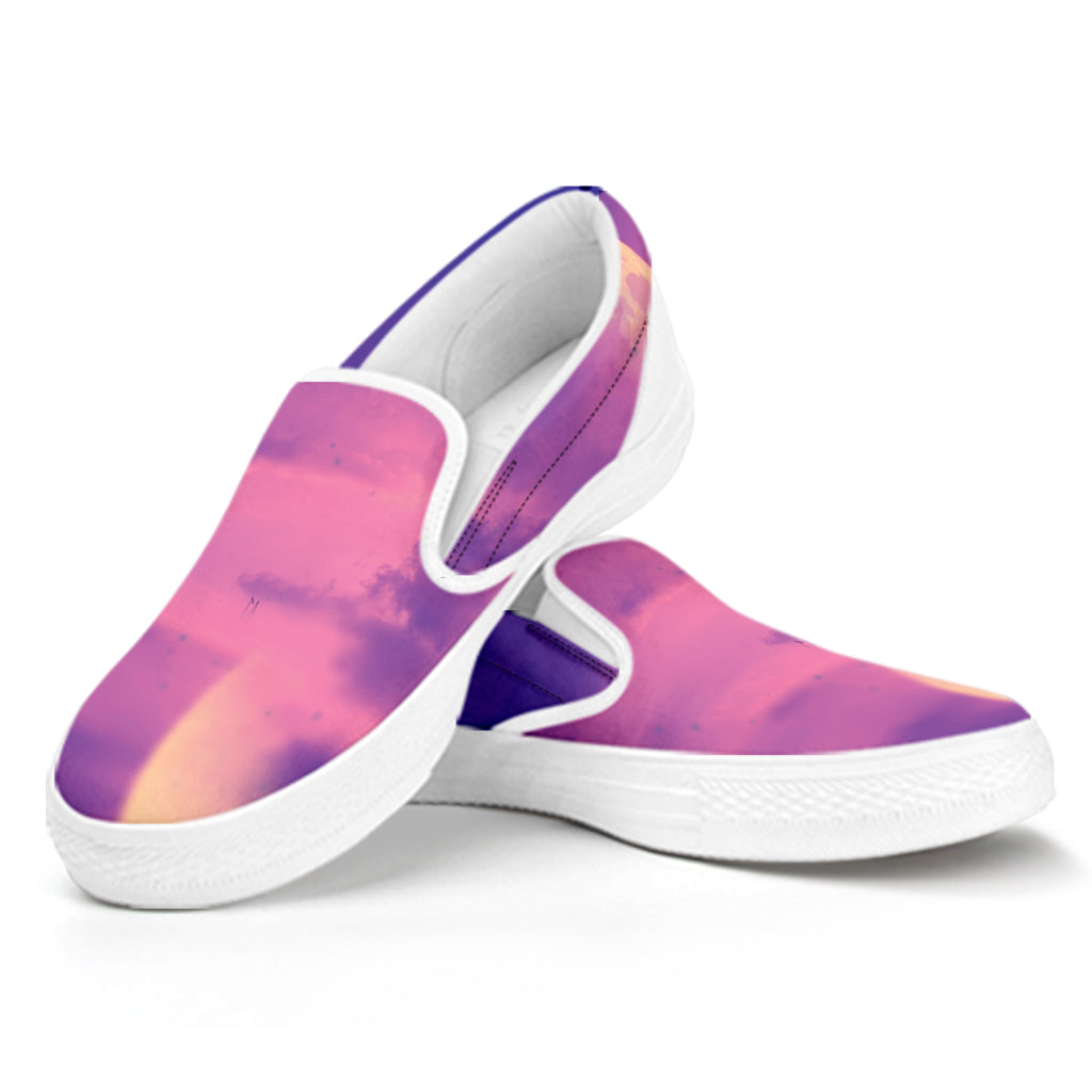 Purple Sky And Full Moon Print White Slip On Shoes