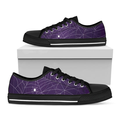 Purple Spider Web Pattern Print Black Low Top Shoes
