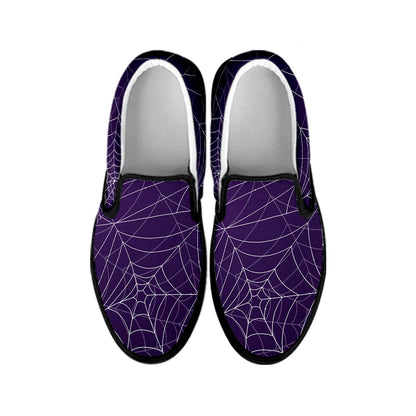 Purple Spider Web Pattern Print Black Slip On Shoes