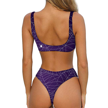 Purple Spider Web Pattern Print Front Bow Tie Bikini