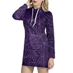 Purple Spider Web Pattern Print Hoodie Dress
