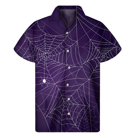 Purple Spider Web Pattern Print Men's Short Sleeve Shirt