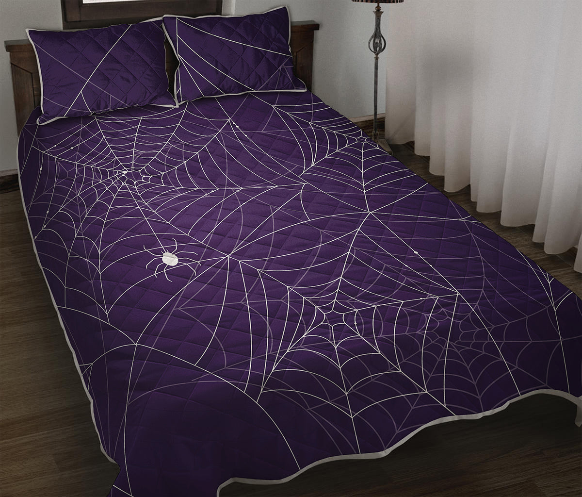 Purple Spider Web Pattern Print Quilt Bed Set