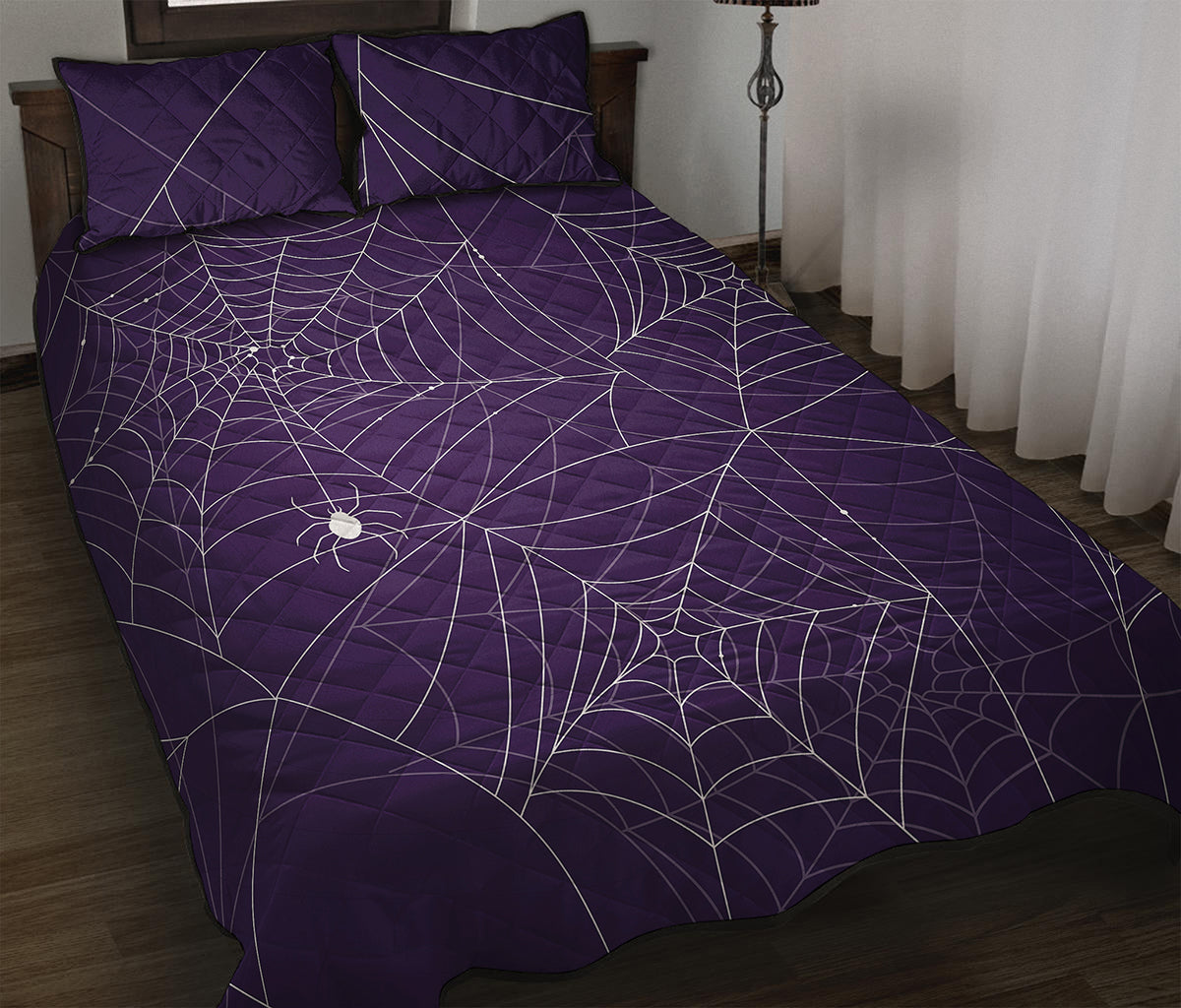 Purple Spider Web Pattern Print Quilt Bed Set