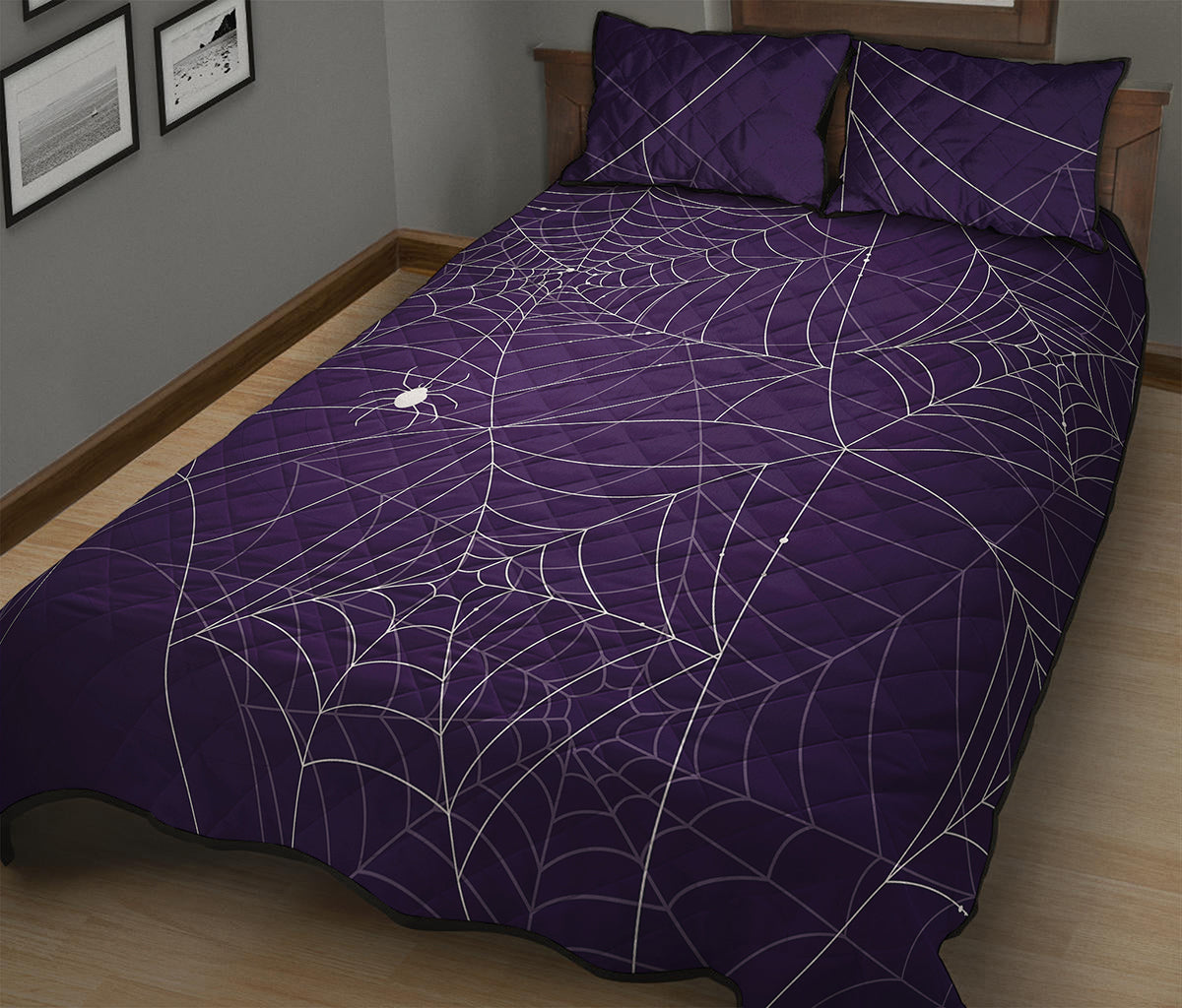 Purple Spider Web Pattern Print Quilt Bed Set