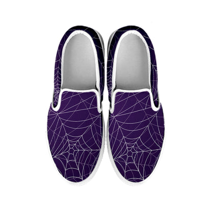 Purple Spider Web Pattern Print White Slip On Shoes