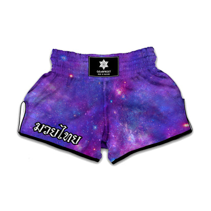 Purple Stardust Cloud Galaxy Space Print Muay Thai Boxing Shorts