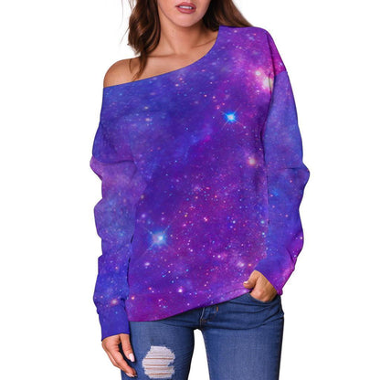 Purple Stardust Cloud Galaxy Space Print Off Shoulder Sweatshirt GearFrost
