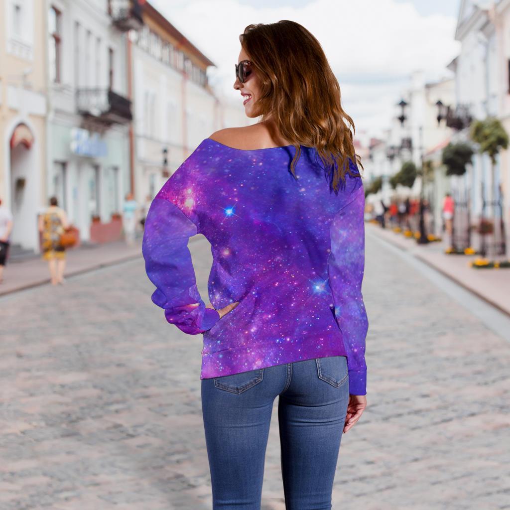 Purple Stardust Cloud Galaxy Space Print Off Shoulder Sweatshirt GearFrost