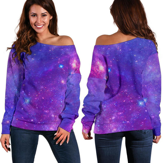 Purple Stardust Cloud Galaxy Space Print Off Shoulder Sweatshirt GearFrost