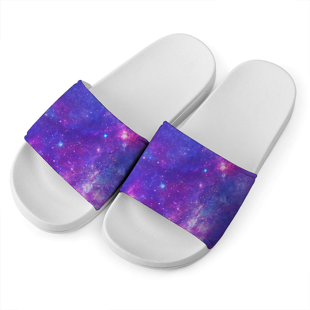 Purple Stardust Cloud Galaxy Space Print White Slide Sandals