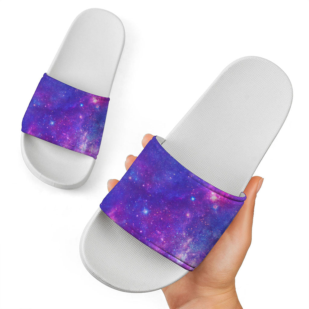 Purple Stardust Cloud Galaxy Space Print White Slide Sandals