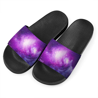 Purple Starfield Galaxy Space Print Black Slide Sandals