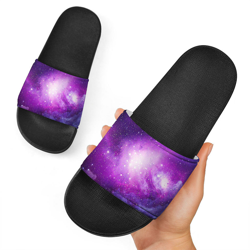 Purple Starfield Galaxy Space Print Black Slide Sandals