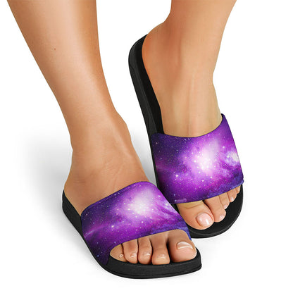 Purple Starfield Galaxy Space Print Black Slide Sandals