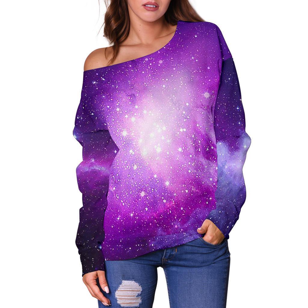 Purple Starfield Galaxy Space Print Off Shoulder Sweatshirt GearFrost