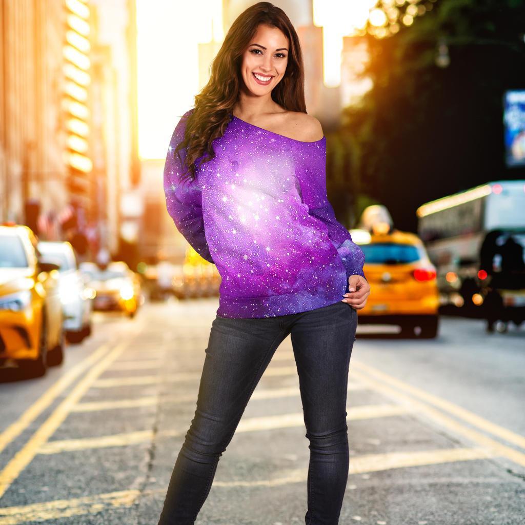 Purple Starfield Galaxy Space Print Off Shoulder Sweatshirt GearFrost