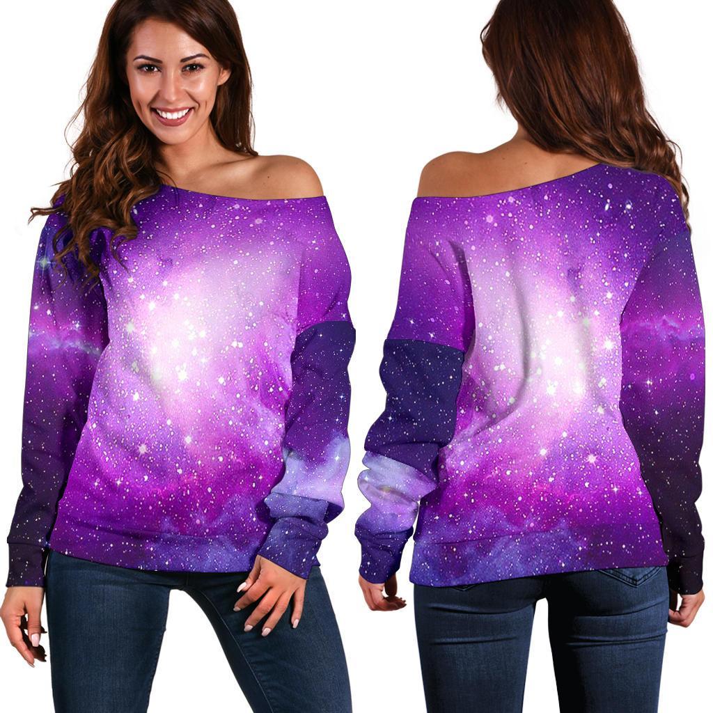 Purple Starfield Galaxy Space Print Off Shoulder Sweatshirt GearFrost