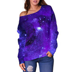 Purple Stars Nebula Galaxy Space Print Off Shoulder Sweatshirt GearFrost