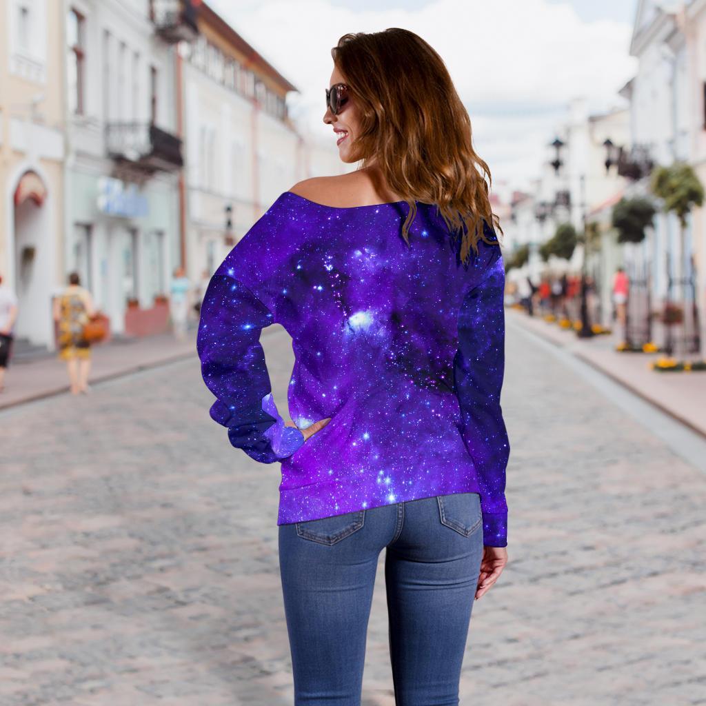 Purple Stars Nebula Galaxy Space Print Off Shoulder Sweatshirt GearFrost