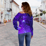 Purple Stars Nebula Galaxy Space Print Off Shoulder Sweatshirt GearFrost