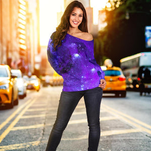 Purple Stars Nebula Galaxy Space Print Off Shoulder Sweatshirt GearFrost