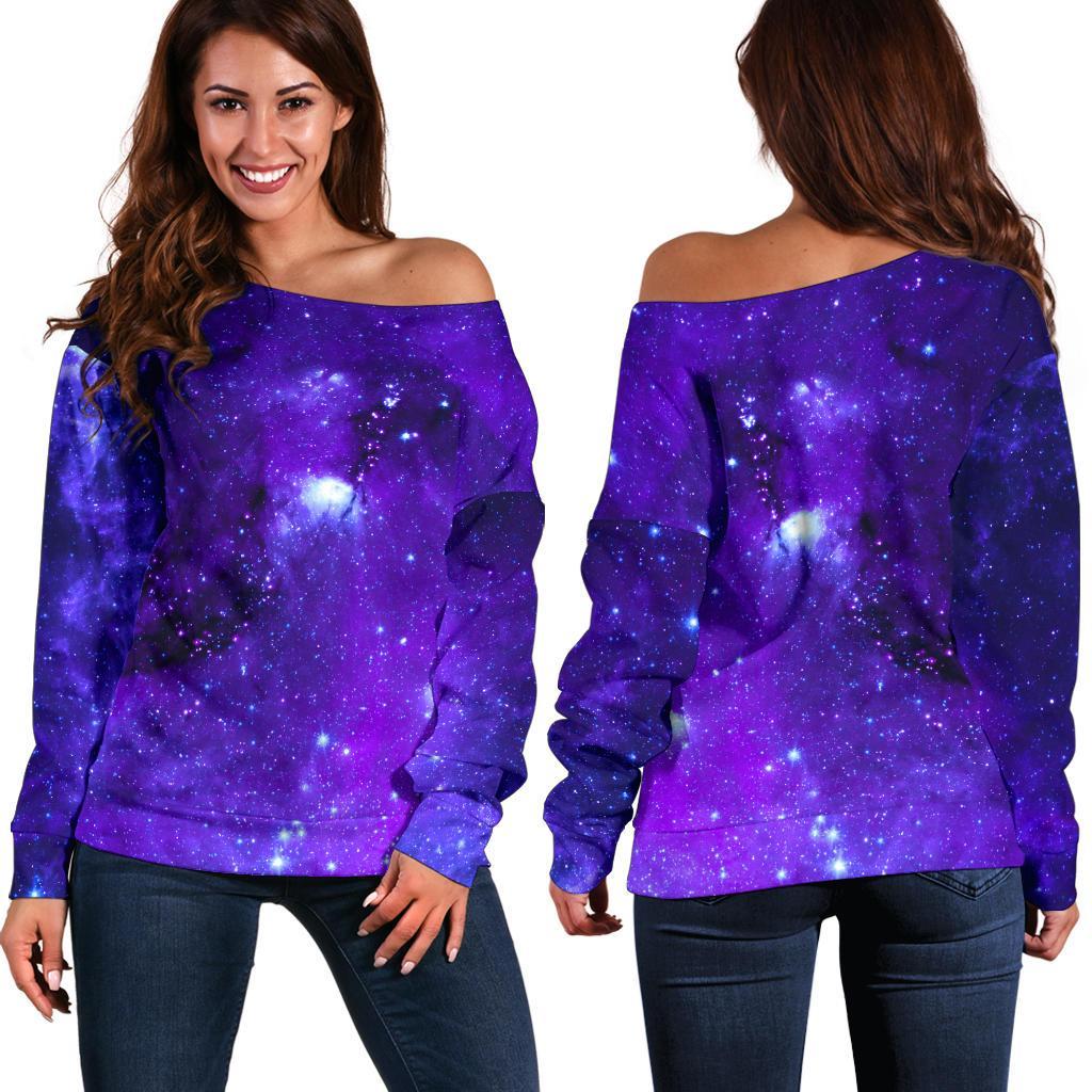 Purple Stars Nebula Galaxy Space Print Off Shoulder Sweatshirt GearFrost