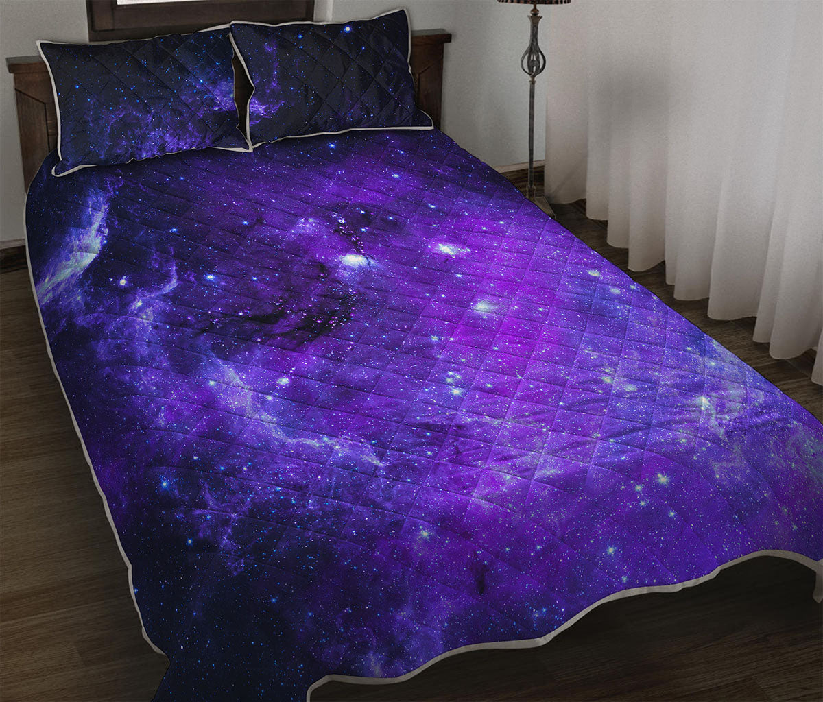 Purple Stars Nebula Galaxy Space Print Quilt Bed Set