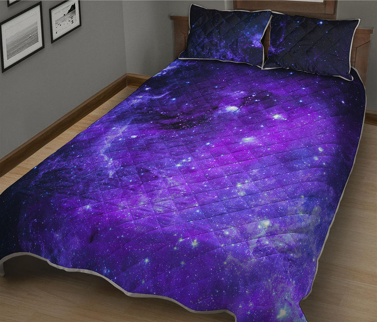 Purple Stars Nebula Galaxy Space Print Quilt Bed Set