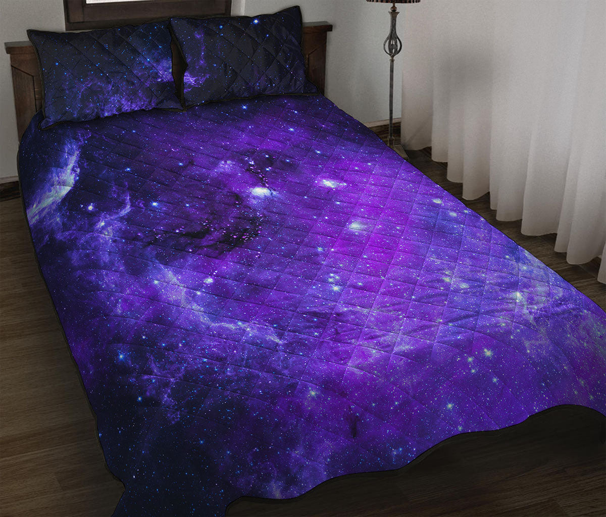 Purple Stars Nebula Galaxy Space Print Quilt Bed Set