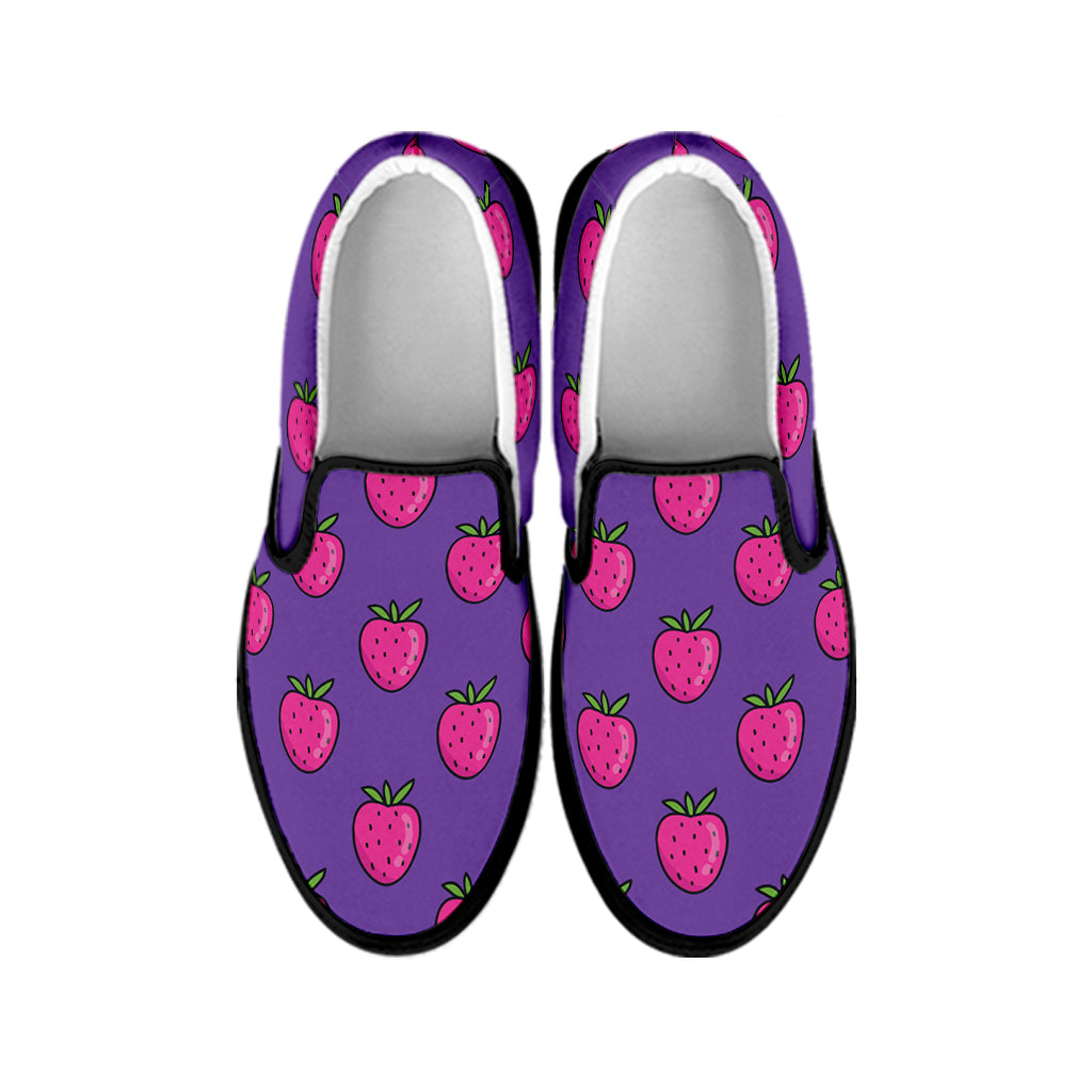 Purple Strawberry Pattern Print Black Slip On Shoes