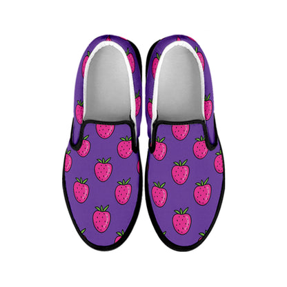 Purple Strawberry Pattern Print Black Slip On Shoes