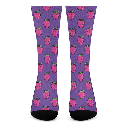 Purple Strawberry Pattern Print Crew Socks