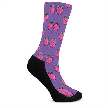 Purple Strawberry Pattern Print Crew Socks