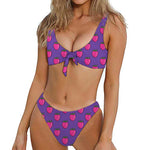 Purple Strawberry Pattern Print Front Bow Tie Bikini