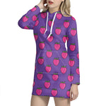 Purple Strawberry Pattern Print Hoodie Dress