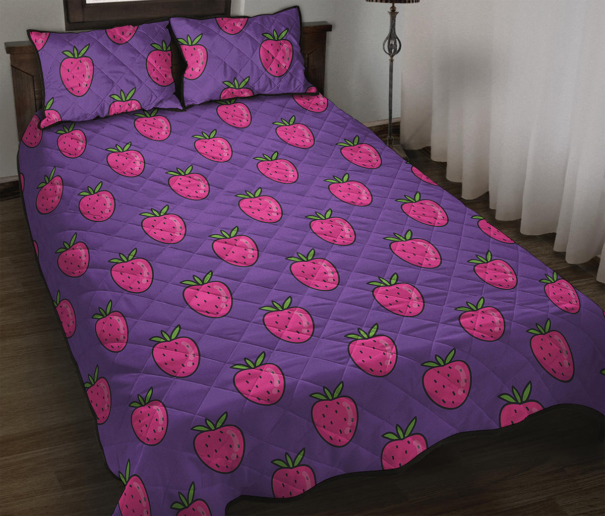 Purple Strawberry Pattern Print Quilt Bed Set