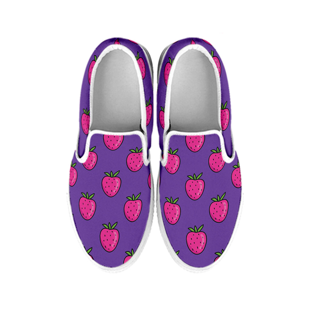 Purple Strawberry Pattern Print White Slip On Shoes