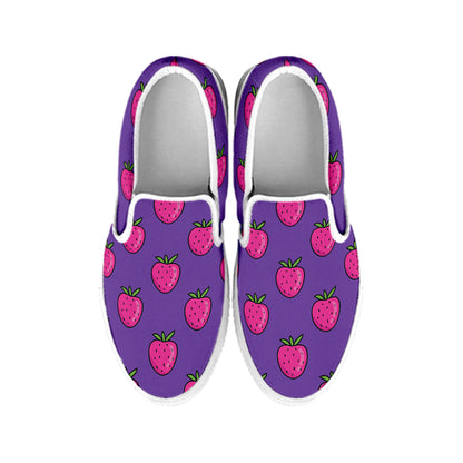 Purple Strawberry Pattern Print White Slip On Shoes