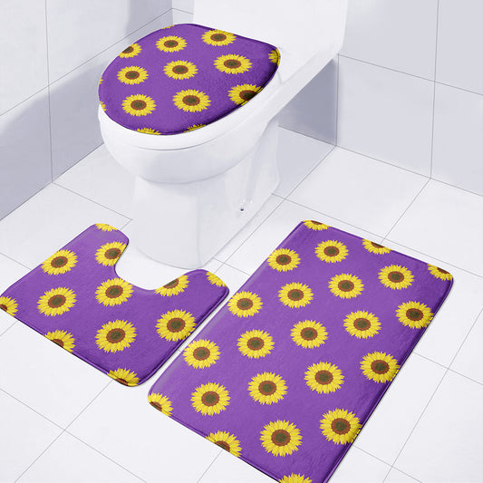 Purple Sunflower Pattern Print 3 Piece Bath Mat Set