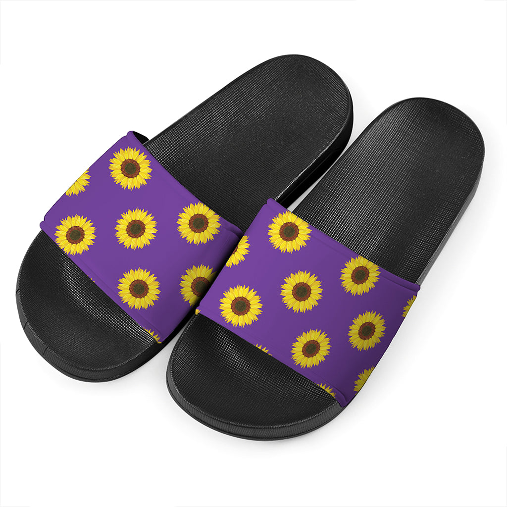 Purple Sunflower Pattern Print Black Slide Sandals