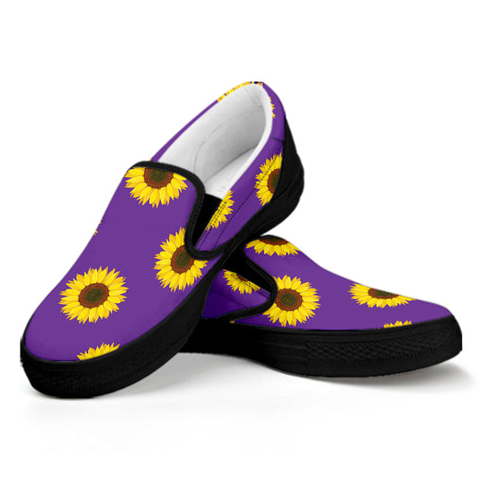 Purple Sunflower Pattern Print Black Slip On Shoes