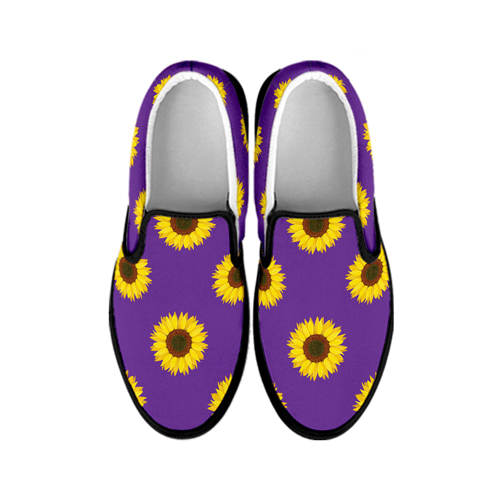 Purple Sunflower Pattern Print Black Slip On Shoes