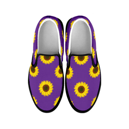 Purple Sunflower Pattern Print Black Slip On Shoes